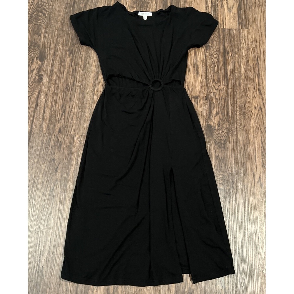 Good American Black Gathered Waist Cut Out Double Layered Midi Dress Size 0